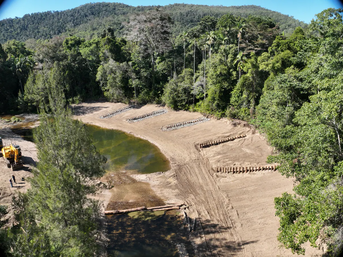 Murray Creek during the works, with pile fields being installed